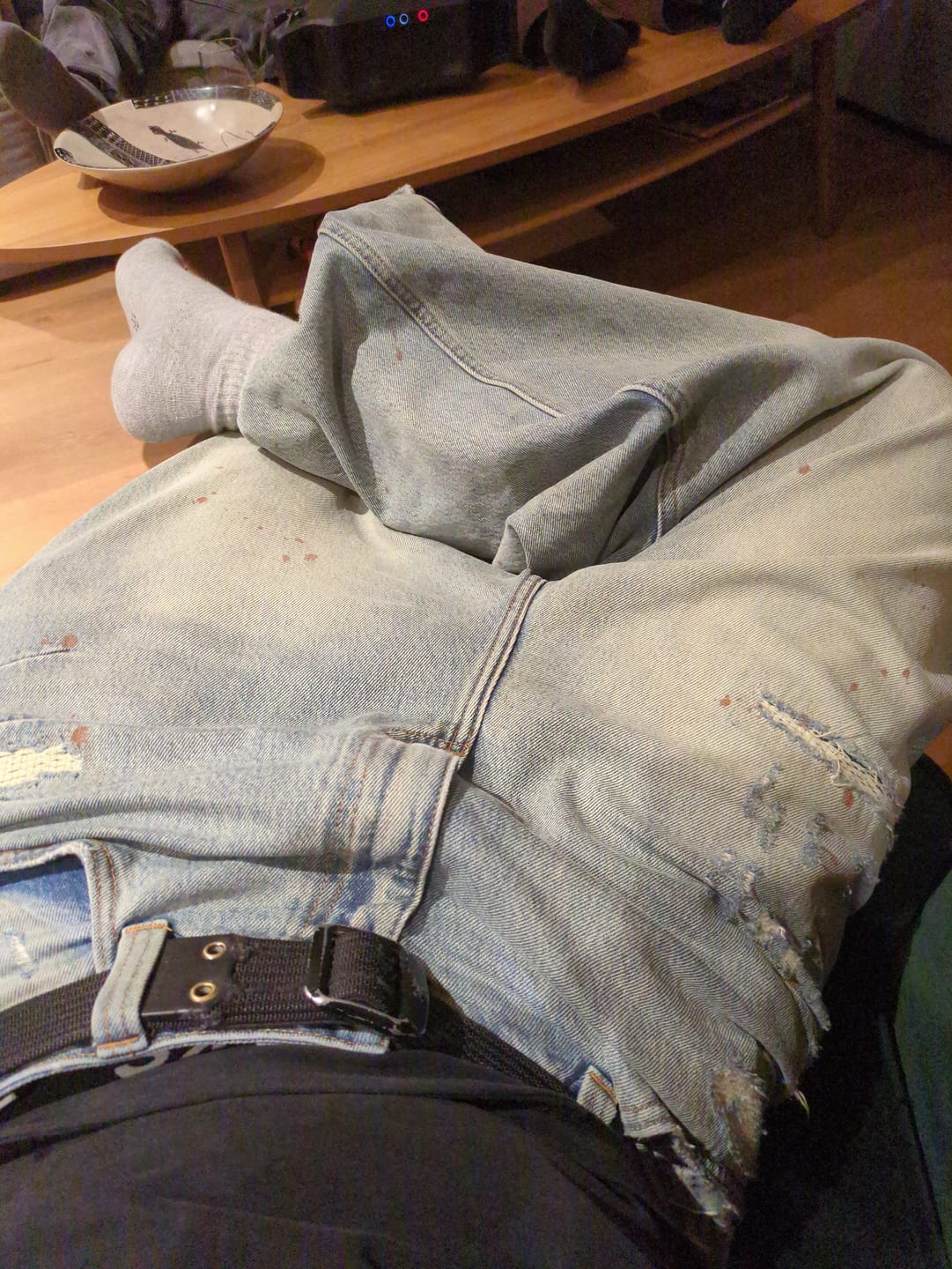 Customer photo review of Repaired Construction Denim Jeans Blue