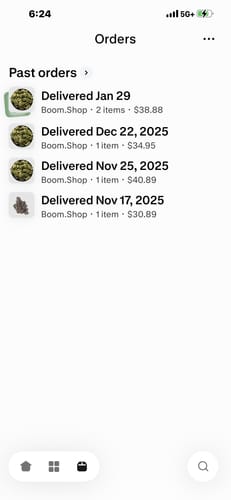 Customer's screenshot of their order history, showing multiple purchases of Bubba Kush Smalls.