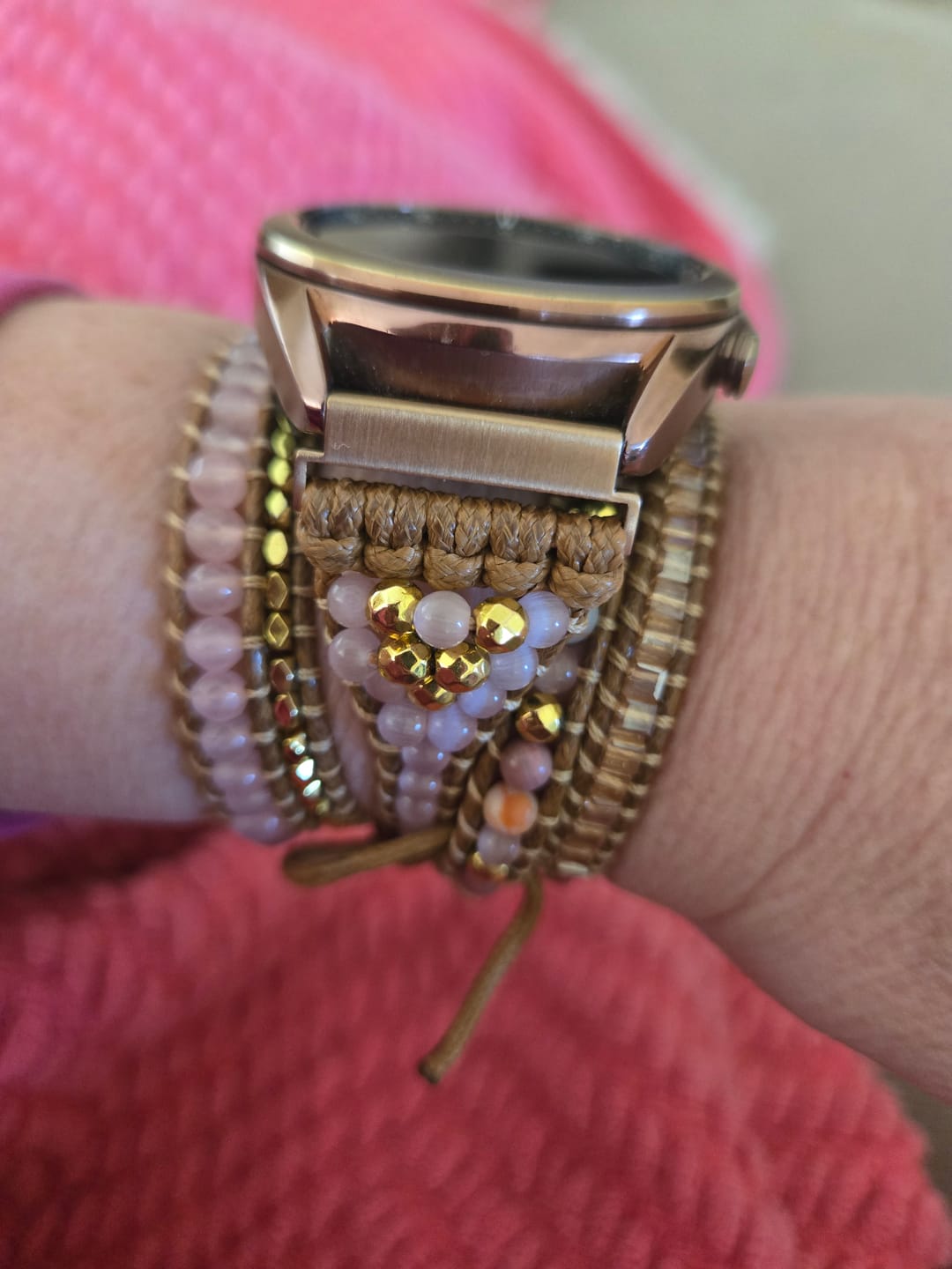 Customer photo review of Natural Rhodonite & Rose Quartz Samsung / Garmin Watch Band