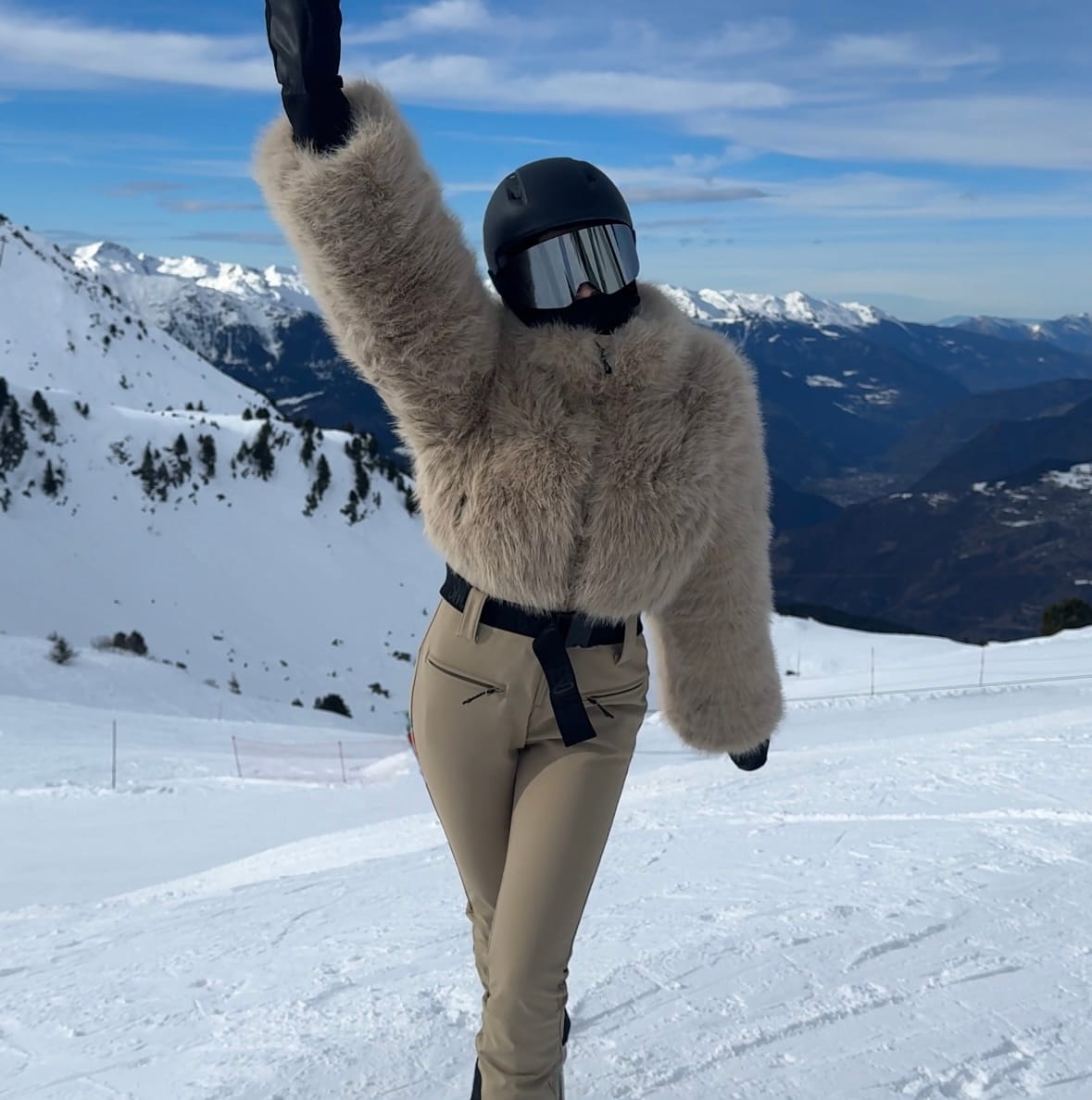 Customer photo review of Women's Khaki Fashion Slim-Fit Stretch One-Piece Ski Suit with Faux Fox Fur Jacket & Flared Legs