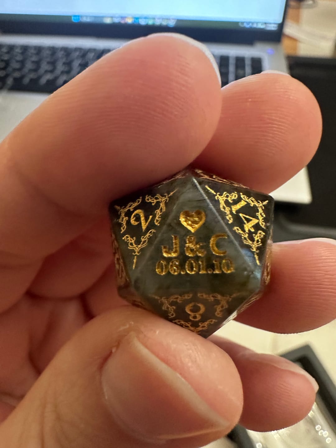 Customer photo review of Custom Anniversary D20 Dice – Personalized D&D Gift