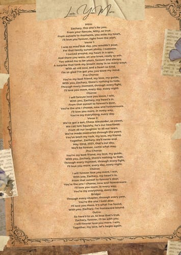 Customer's CREATE YOUR MELODY song lyrics printed on decorative, vintage-style paper.