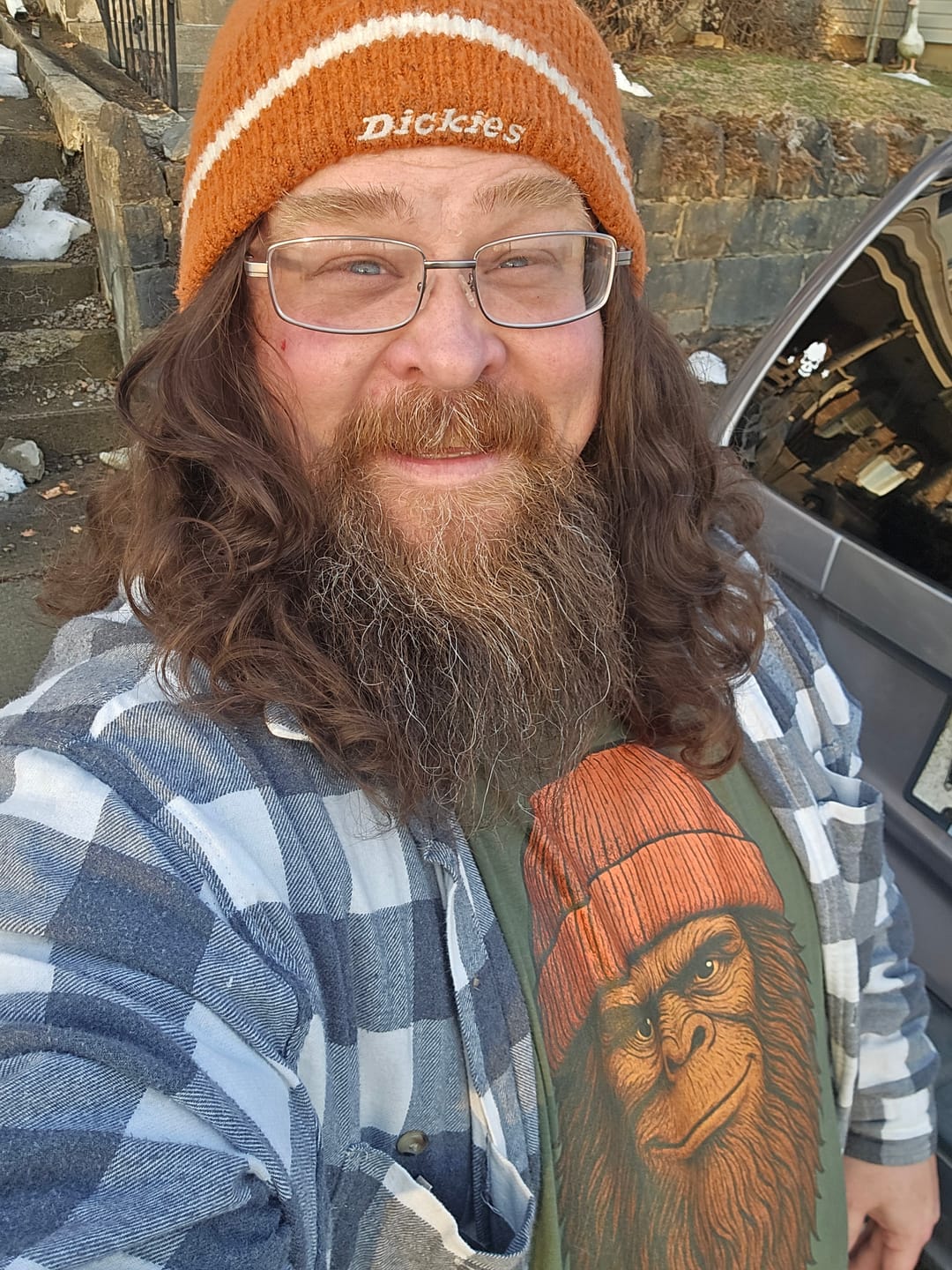 Customer photo review of Smiling Bigfoot Beanie T-Shirt