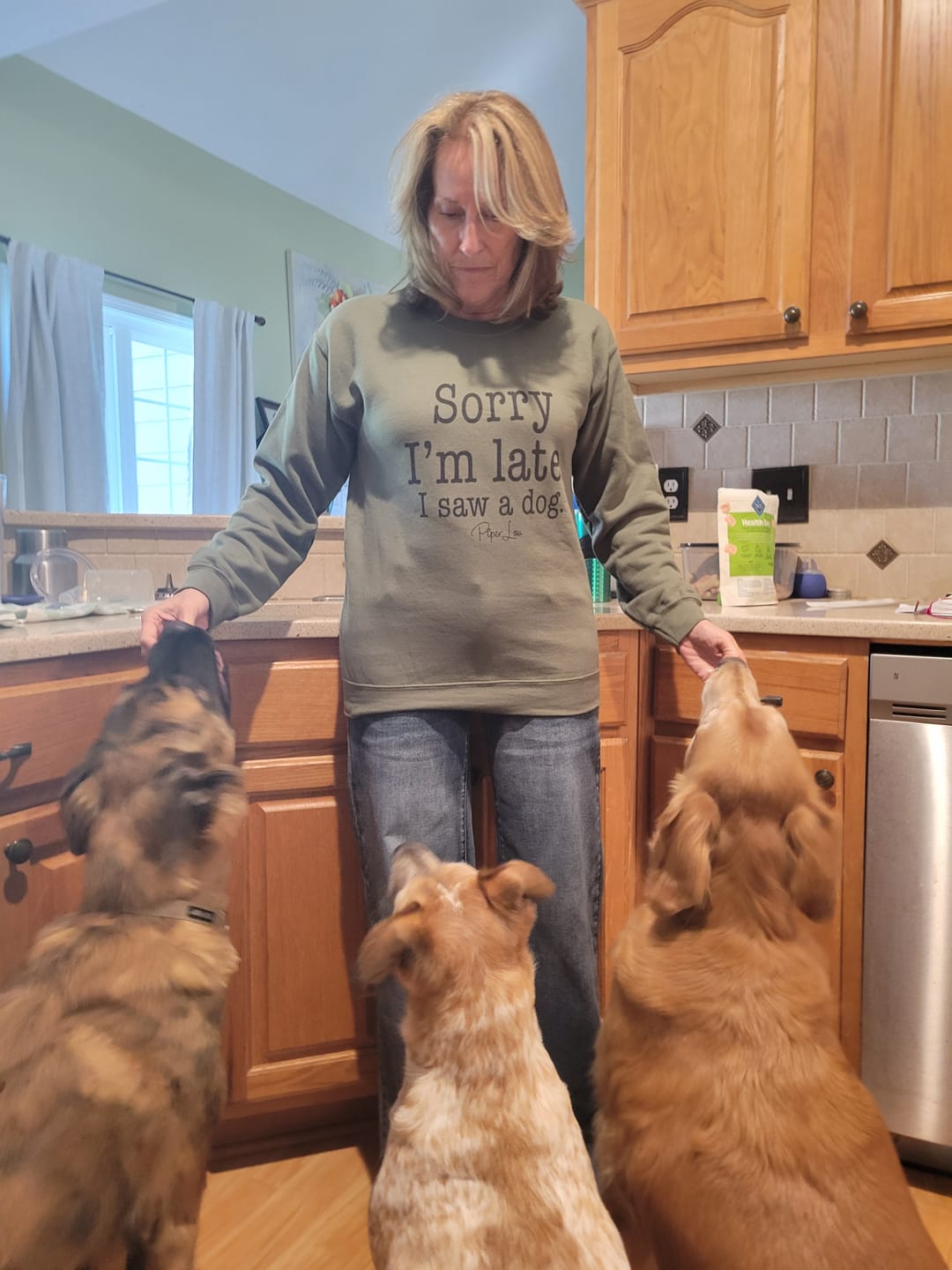 Customer photo review of Sorry I'm Late I Saw A Dog Graphic Crewneck Sweatshirt
