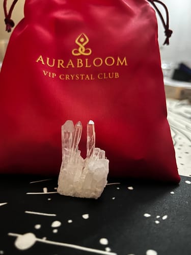 Customer's clear quartz crystal cluster displayed in front of the red VIP Crystal Club pouch.