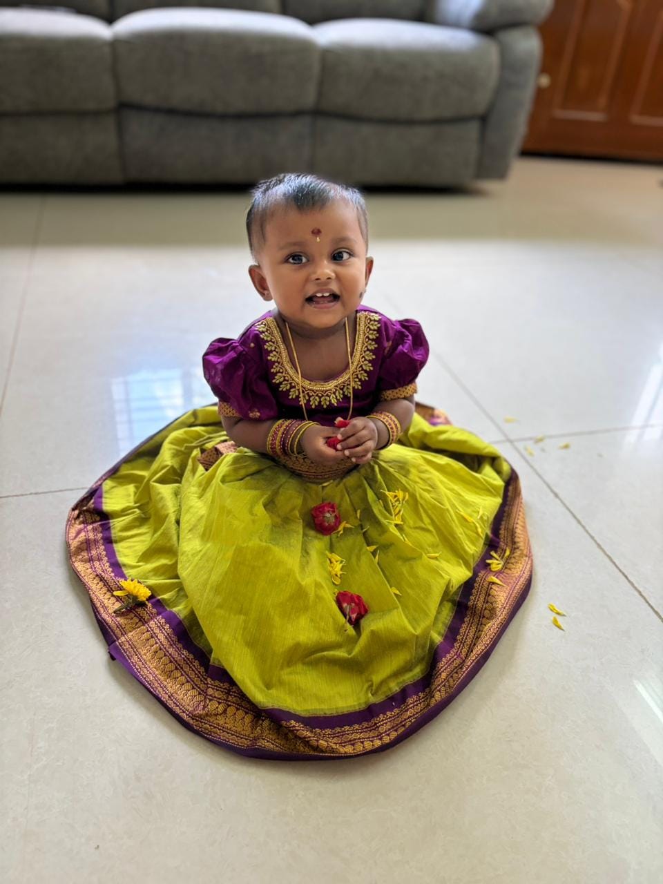 Customer photo review of Green and Wine Kids Langa Blouse – Traditional Zari Border Cotton Dress for Baby Girl