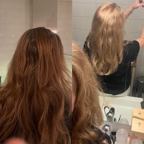 Reviewer's before-and-after image showing hair lightened from auburn to a golden blonde using the Sunkissed Starter Kit.