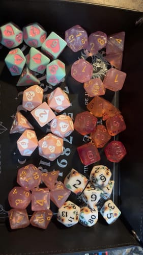 Customer photo review of Sweetheart Mystery Dice – Hearts & Flowers dice, unique fun stickers and pins!
