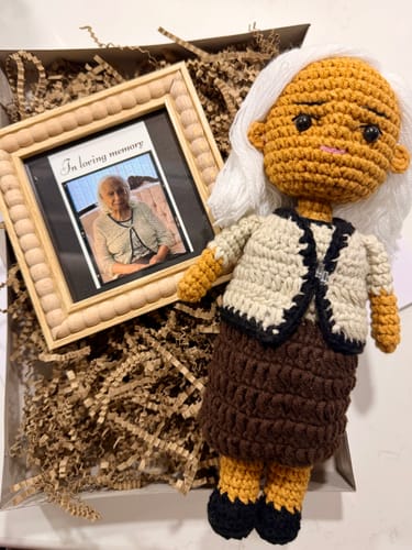 Customer photo review of Dolly® Personalized Crochet Doll with Photo Card