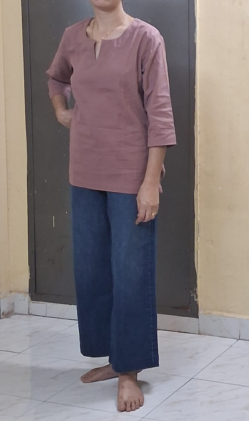 Customer photo review of Women Rose Taupe Airy Linen Split Neck Short Kurta