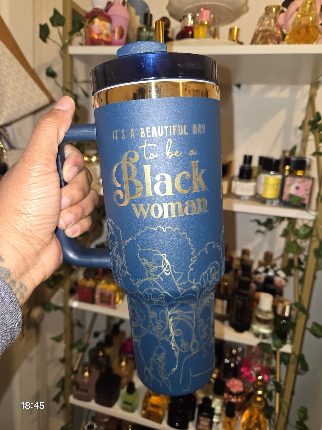 Customer photo review of "Navy Noir" 40oz Insulated Tumbler – "It’s a Beautiful Day to be a Black Woman" | PRE-ORDER SHIPS BY 12/12/25