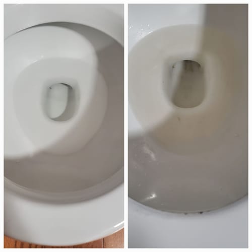 Customer's before-and-after image showing a toilet bowl cleaned with Bathroom Concentrate, removing noticeable stains.