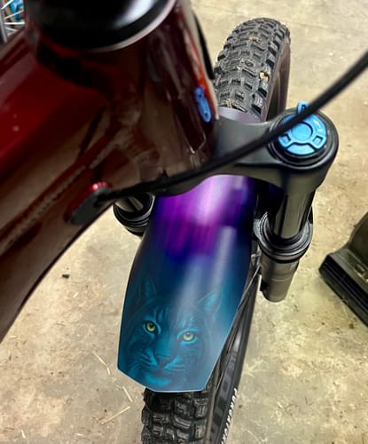 Close-up of a reviewer's Custom Fender on a bike, showing a purple and blue graphic of a cat's face with bright eyes.