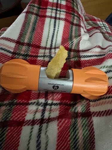 Customer's orange Safe Dog Chew Holder with a chew secured inside, resting on a plaid blanket.