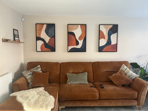 Customer photo review of 3 Piece Mid Century Modern Abstract Earth Tones Brown Cream Navy Framed Wall Art