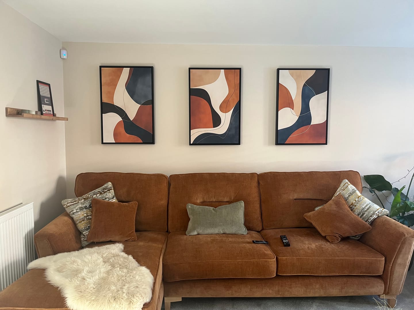 Customer photo review of 3 Piece Mid Century Modern Abstract Earth Tones Brown Cream Navy Framed Wall Art