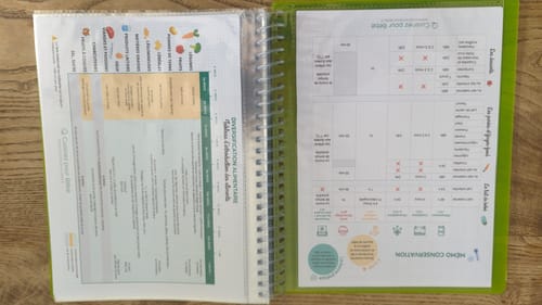 Avis d'un client : le protège-documents A5 à spirale ouvert, protégeant des documents sur une table.