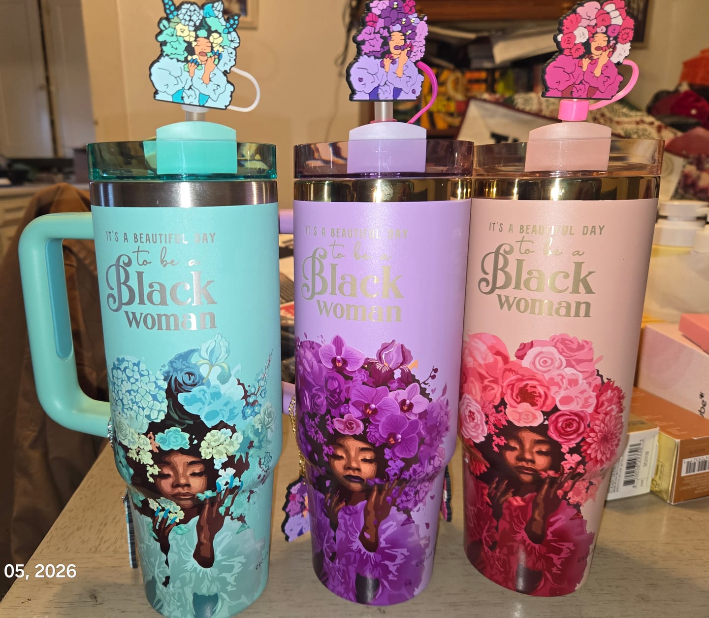 Customer photo review of Tiffany Blue “Royalty Blossomed”  Insulated Tumbler – "It’s a Beautiful Day to be a Black Woman"