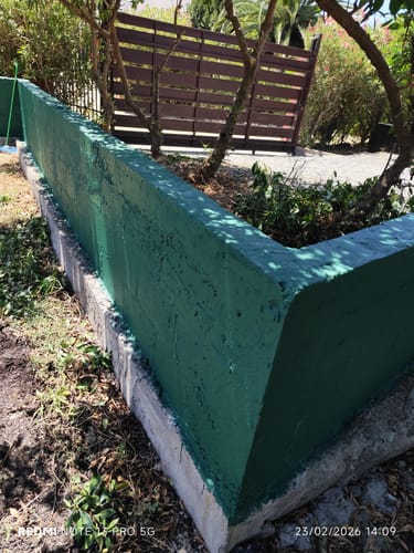 Reseñador muestra un muro de jardín pintado con el cubridor esmalte verde Lanco Máxima Armor.