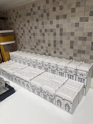 Customer's four Karaca Istanbul Spice Sets arranged in neat rows on a white kitchen counter.