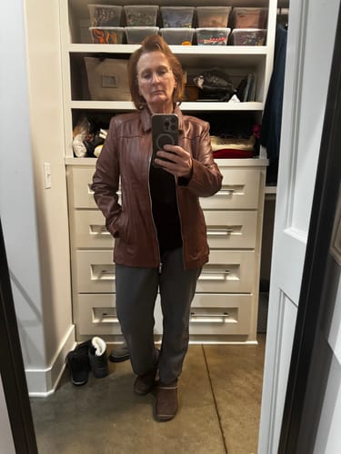 Customer photo review of Marsha Women's Real Leather Cognac Brown Car Coat