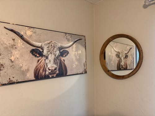 Close-up of the reviewer's Texas Longhorn Gaze abstract art on a wall, reflected in a nearby wooden mirror.