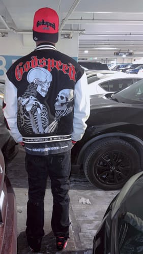 Customer photo review of Godspeed Mankind Vs Ai Varsity Jacket Black/red