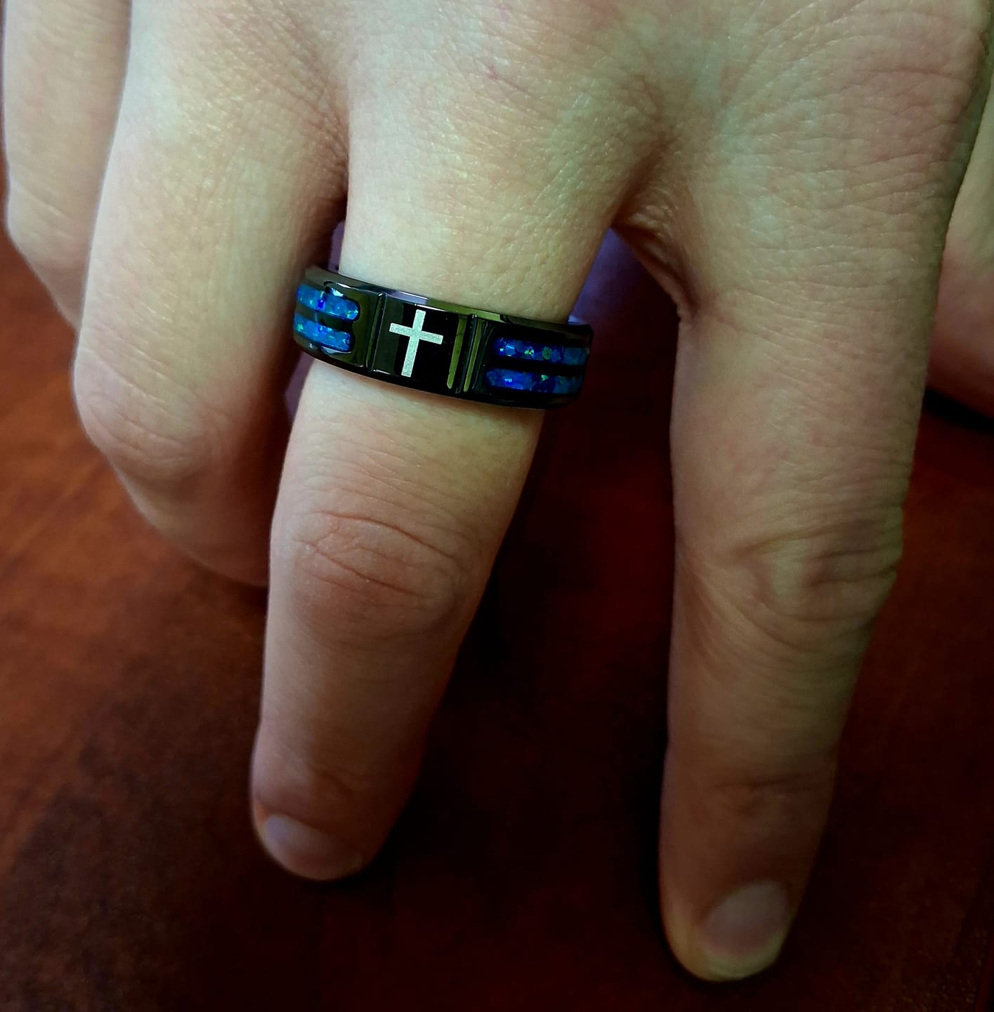 Customer photo review of FREE Today: Modern Titanium Steel Cross Ring with Laser Blue Inlay: Serenity in Christ's Blue Light
