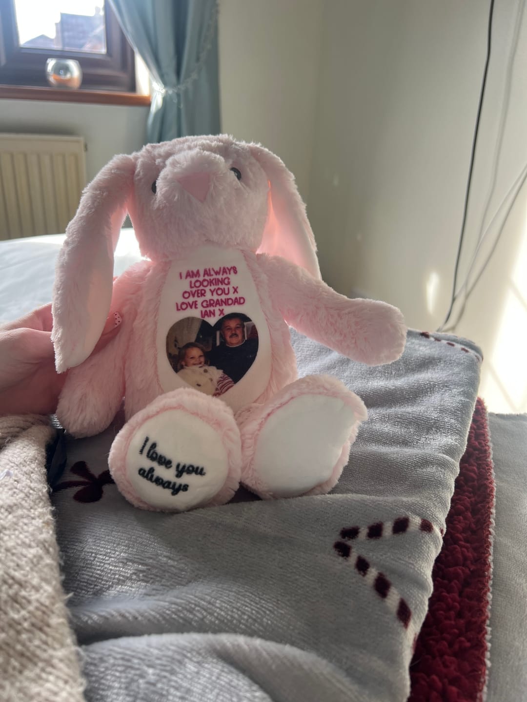 Customer photo review of Design a Personalised Pink Bunny Teddy – Add Your Photo, Name or Message