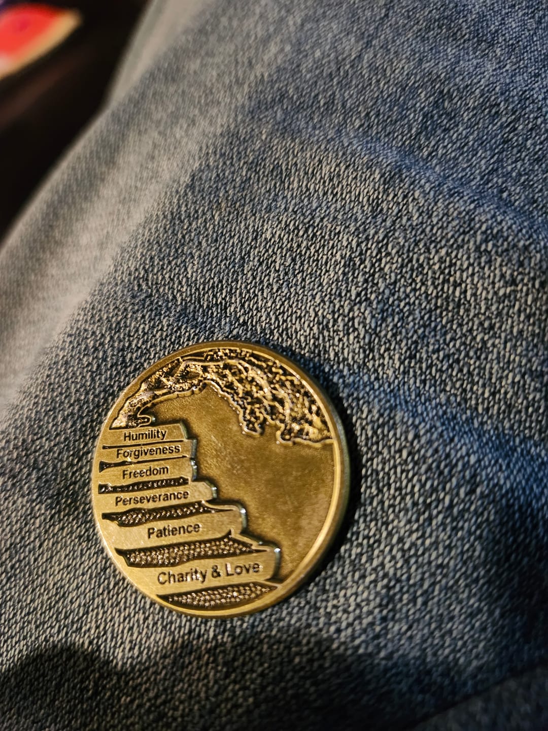 Customer photo review of Wisdom Tree 12 Steps/Principles AA Bronze Recovery Medallion