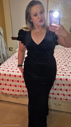 Reviewer taking a mirror selfie in the black V-neck ruffle sleeve velvet maxi dress.