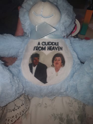 Customer photo review of A Cuddle from Heaven Personalised Photo Teddy Bear