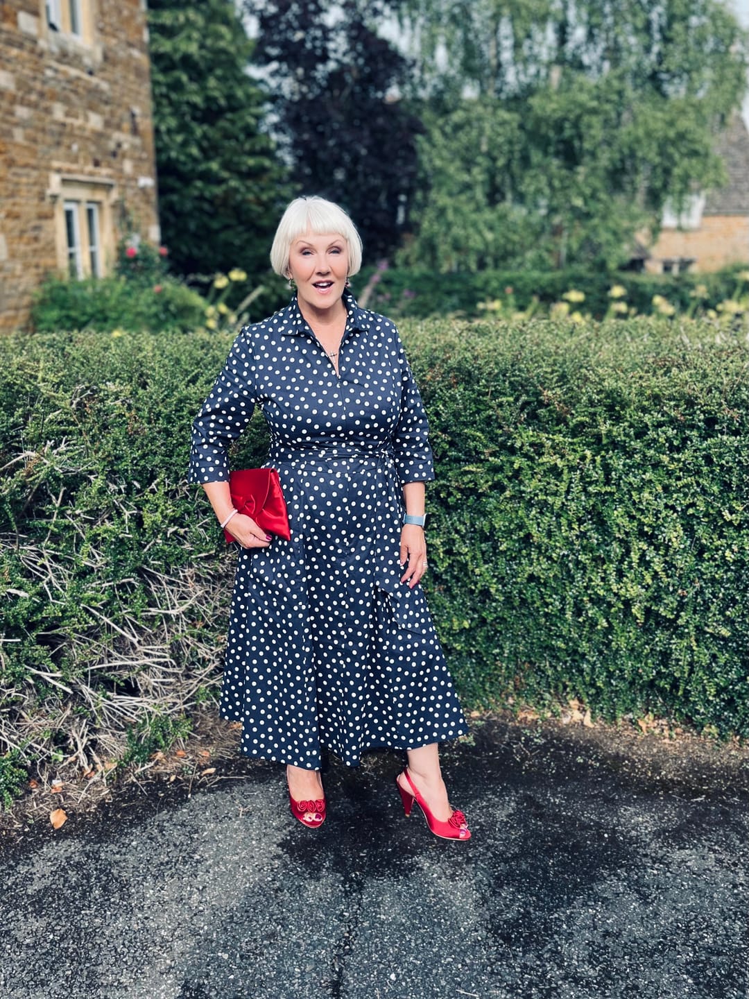 Customer photo review of Back in Stock -  BEST SELLER - The 'Zip Pocket' Dress in Navy Polka Dot