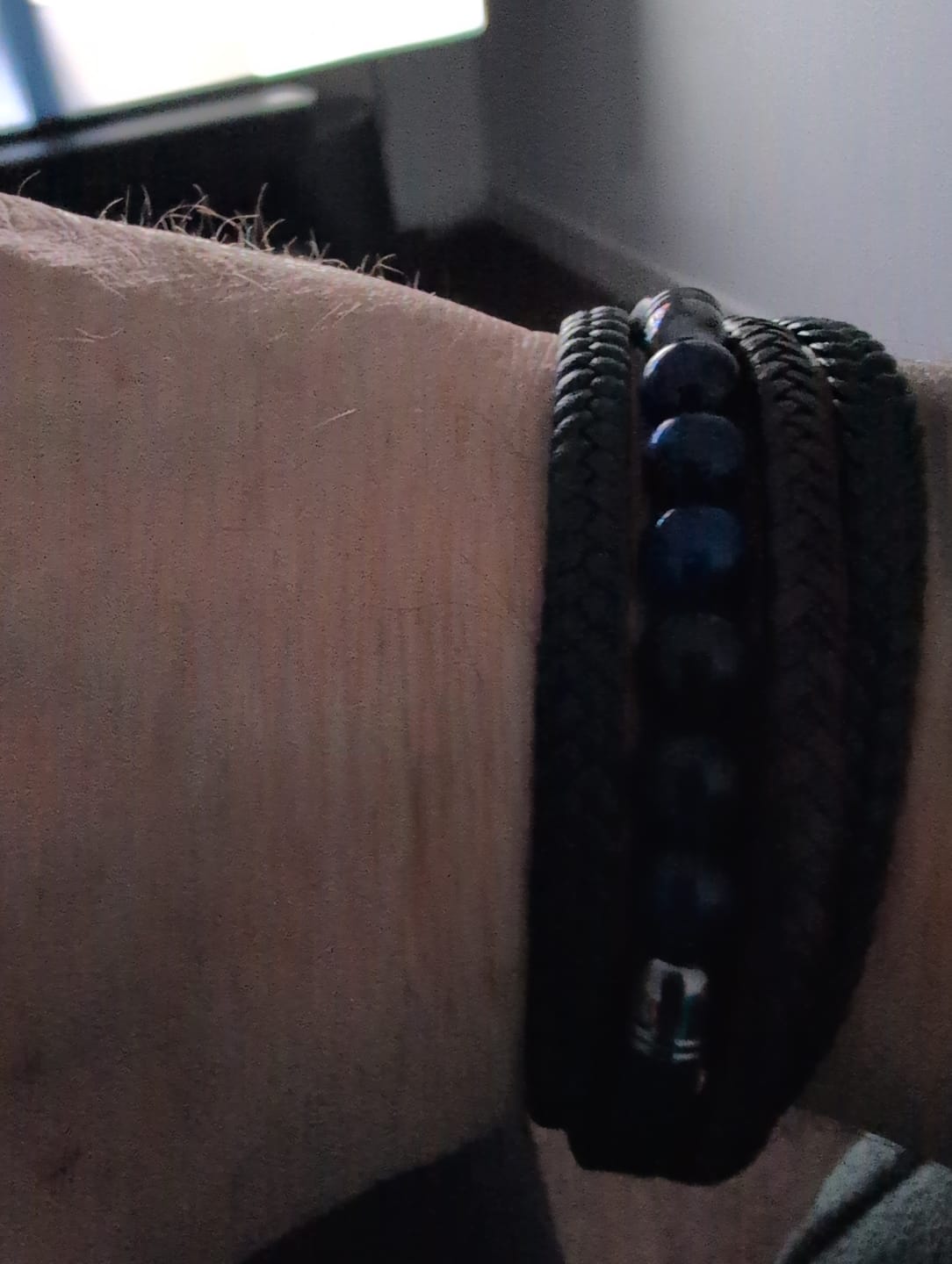 Customer photo review of Buddha Stones Tiger Eye Lava Rock Black Onyx Lazurite Hematite Bead Positive Leather Bracelet