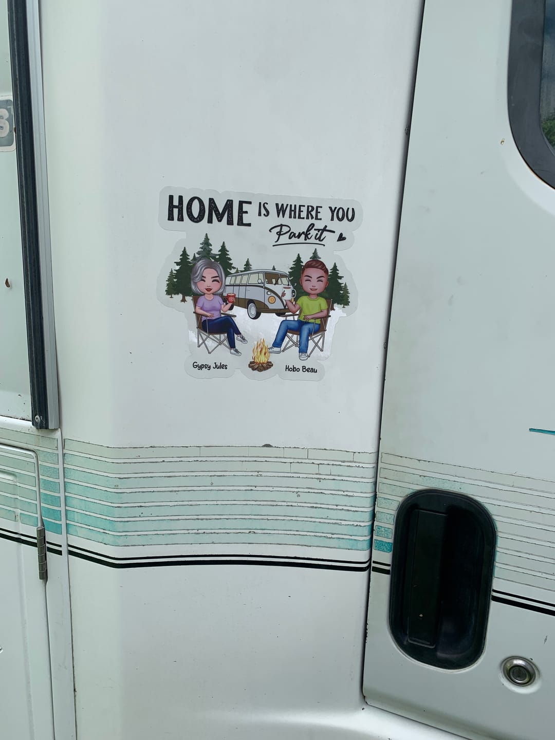 Customer photo review of Camping Partners For Life Doll Couple Sitting Personalized RV Decal