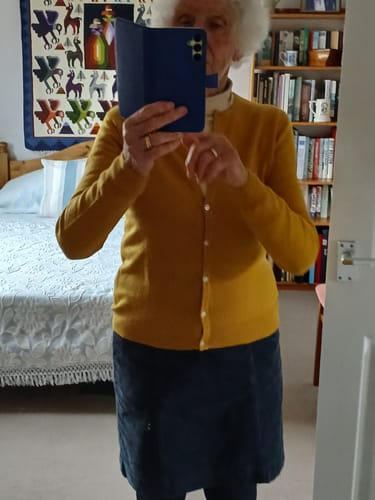 Customer photo review of Deep Mustard Yellow Cashmere Crew Neck Cardigan Medium
