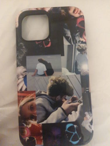Customer's custom iPhone 12 case with a collage of personal photos printed on it.