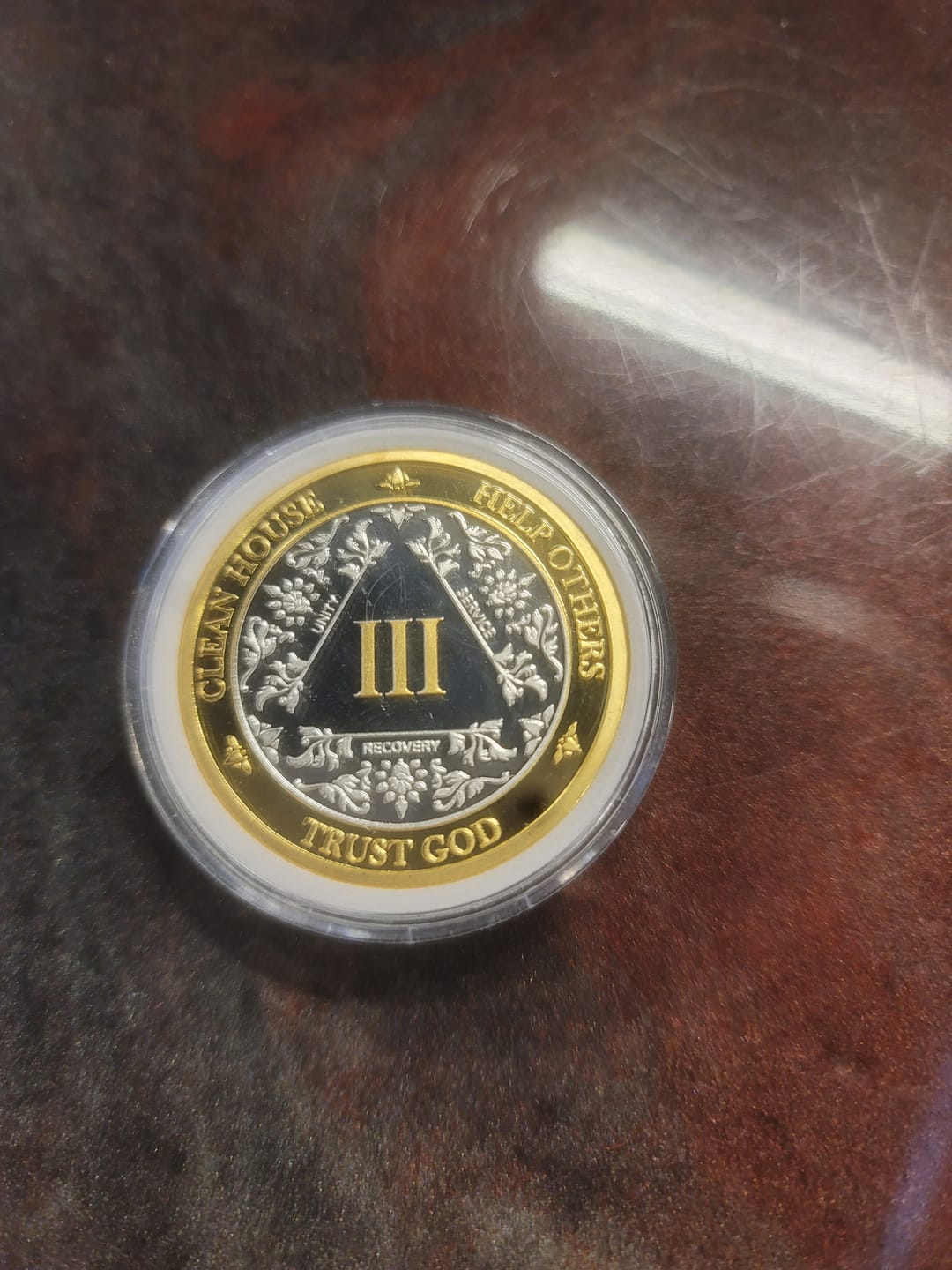 Customer photo review of 3 Year 40mm Gold & Silver AA Medallion - Bi-Plate Fancy Three Year Chip/Coin