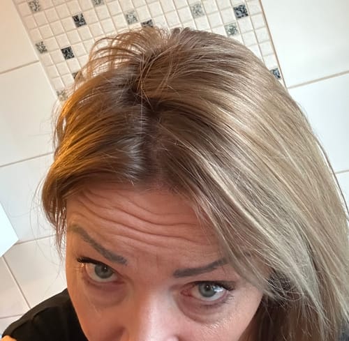 Reviewer's hair after using the Sunkissed Starter Kit, showing blended roots and a natural, light color.