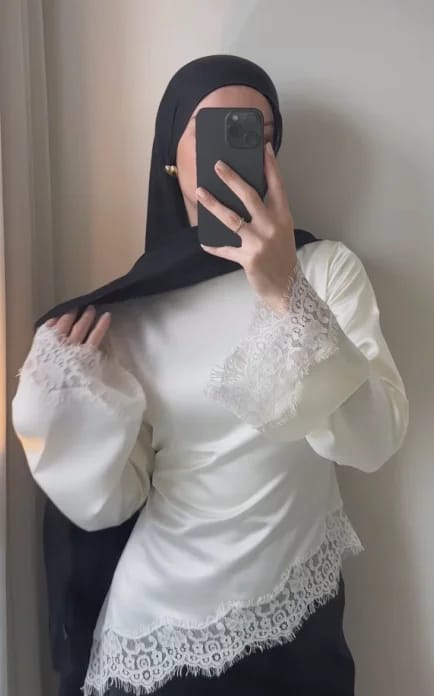 Customer photo review of Danica Lace Satin Long Sleeve Top