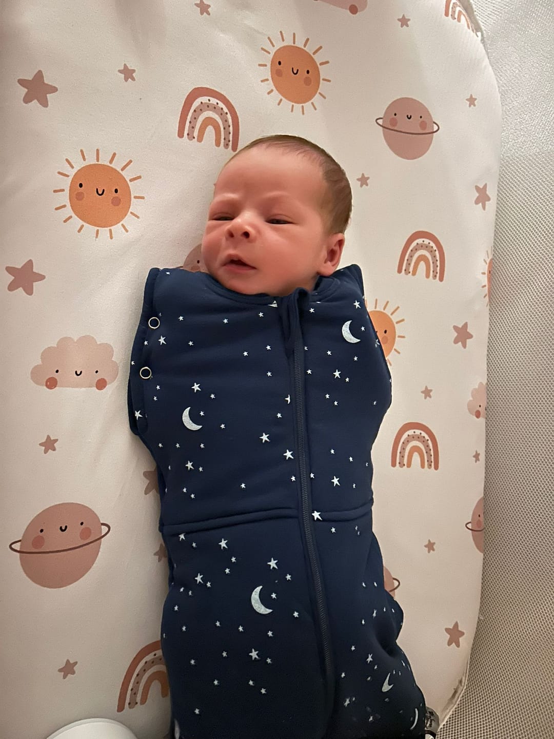 Customer photo review of sleep swaddle bag  blue moon and stars | Newborn | 2.5 Tog