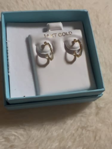 Reviewer's 14k Gold Fancy Hoops displayed on a white card inside an open, light blue jewelry box.