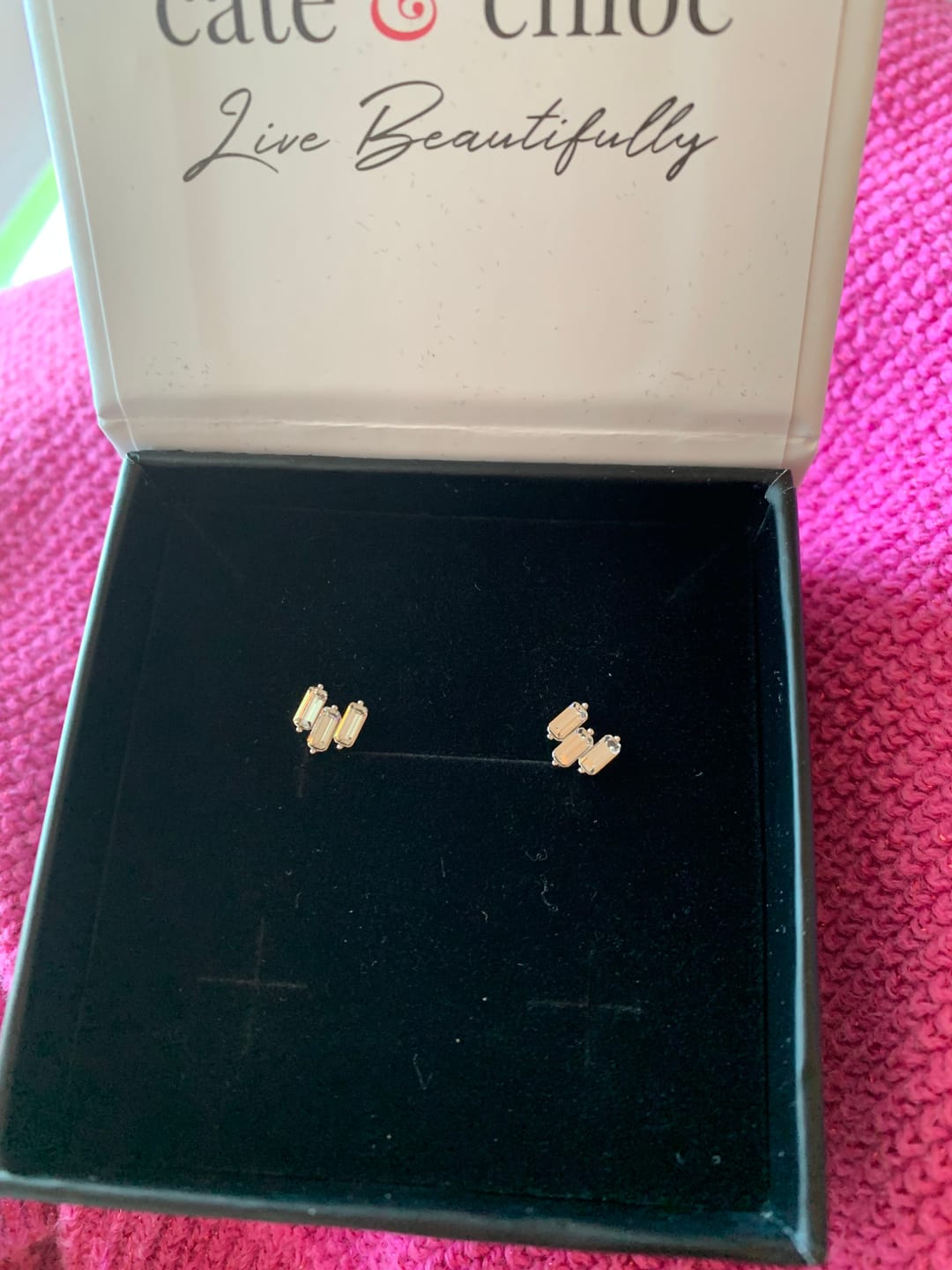 Customer photo review of Jovie 18k White Gold Plated 3-Stone Stud Earrings with Swarovski Crystals