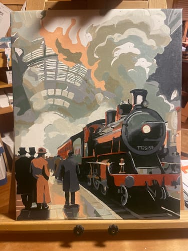 Reviewer's in-progress painting from the Victorian Steam Train Station kit, showing the train at the platform.