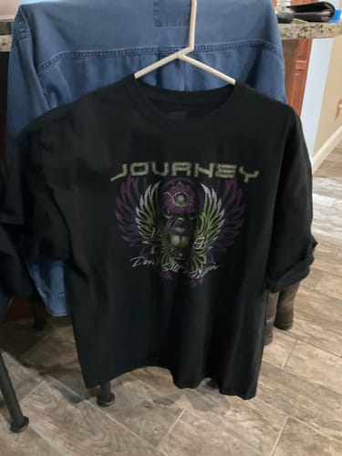 Reviewer's black Journey T-shirt hanging on a hanger, displaying the colorful scarab beetle graphic.