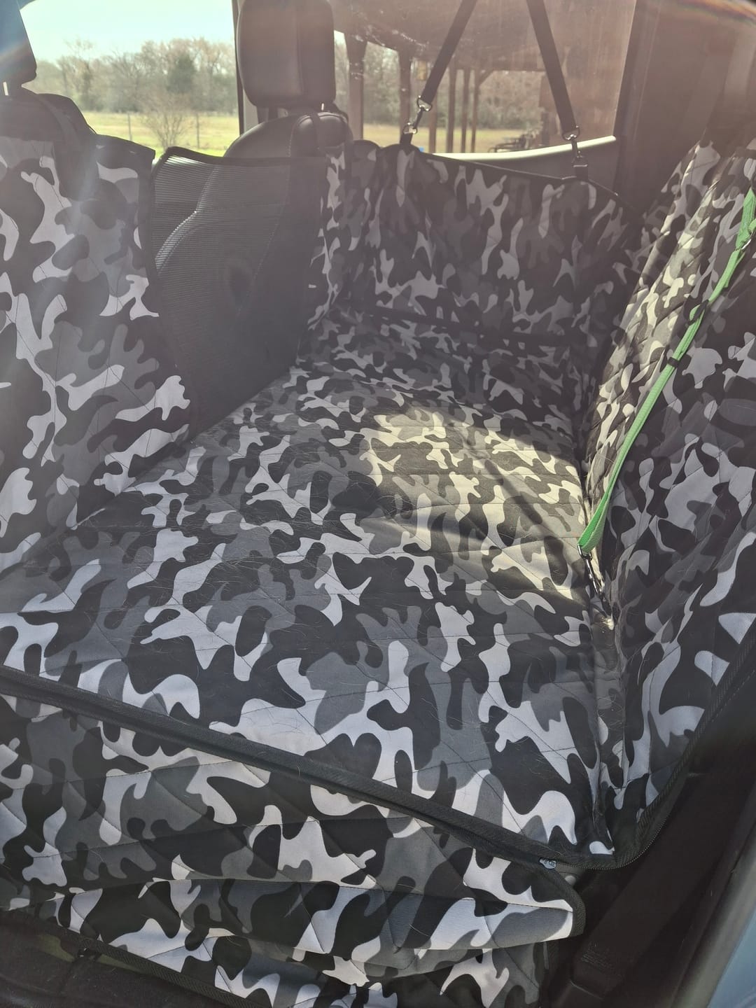 Customer photo review of 4Knines Hard Bottom Extender Car Seat Cover for Dogs - Regular
