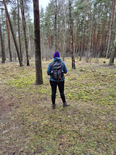 Eine Kundin trägt von hinten die schwarze Antelao Kompression Leggings bei einer Wanderung im Wald.