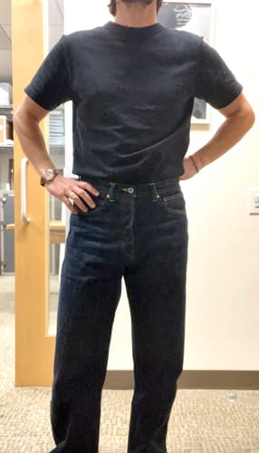 Customer wearing the WWII Simplified Model Cowboy Selvedge Denim Jeans, showing the front and high-rise fit.
