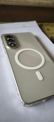 Reviewer's elegant Anti Yellow Magsafe clear case shown on the back of a One Plus NORD 5 phone.