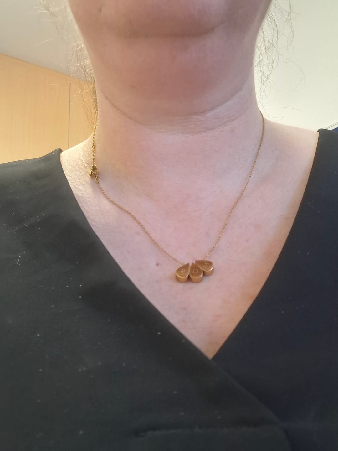 Customer photo review of Teardrop Triple Bead Necklace in Gold